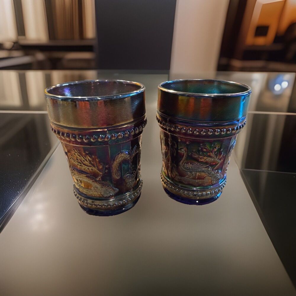 Dugan Peacock at Fountain Carnival Glass Tumblers Pair Amethyst Purple